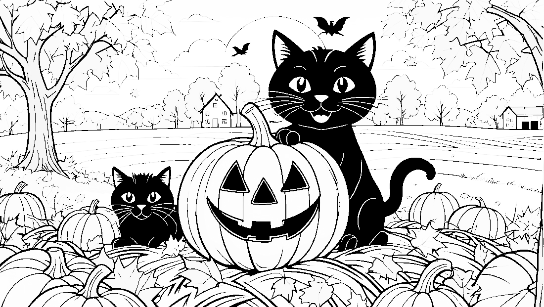 Free coloring page to print A halloween pumpkin and black cat