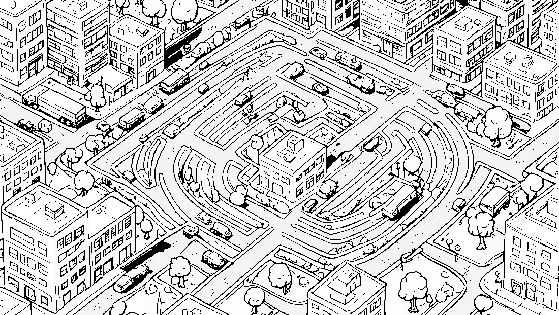 Free coloring page to print A top view of a 2d city maze 