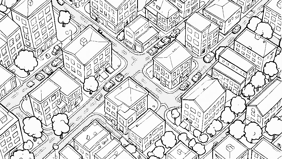 Free coloring page to print A top view of a 2d small city 