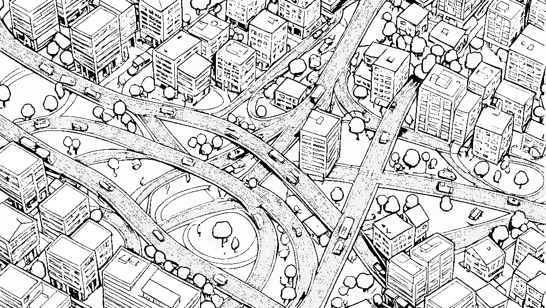 Free coloring page to print A top view of a 2d very tiny city