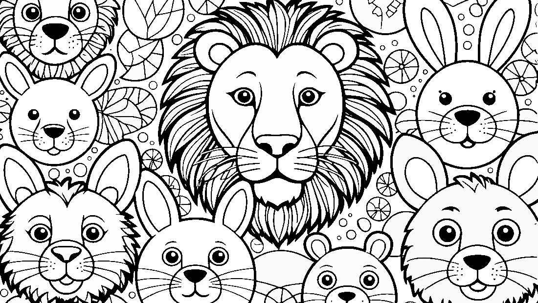 Free coloring page to print An illustration of colorful animal faces 