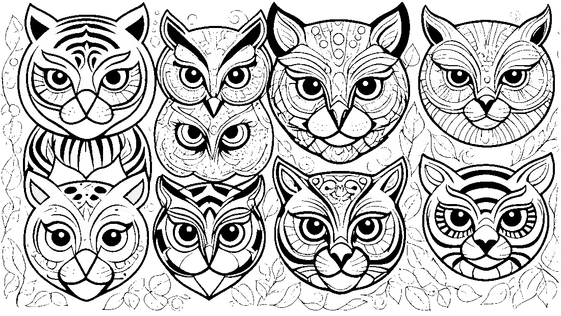 Free coloring page to print an artistic display of animal masks