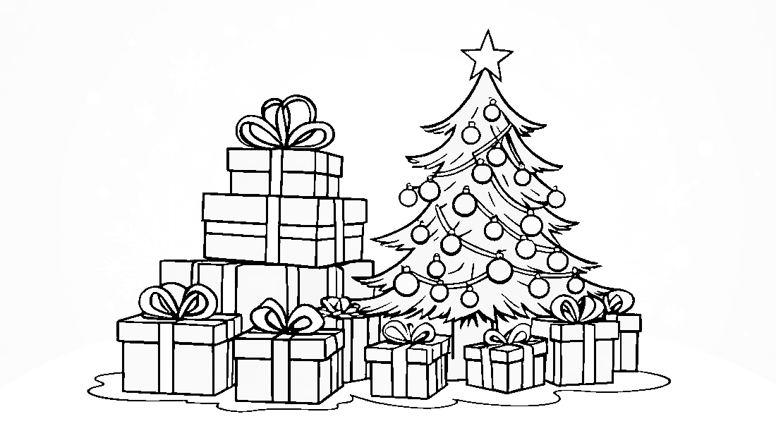 Free coloring page to print Christmas tree with ornaments and gifts