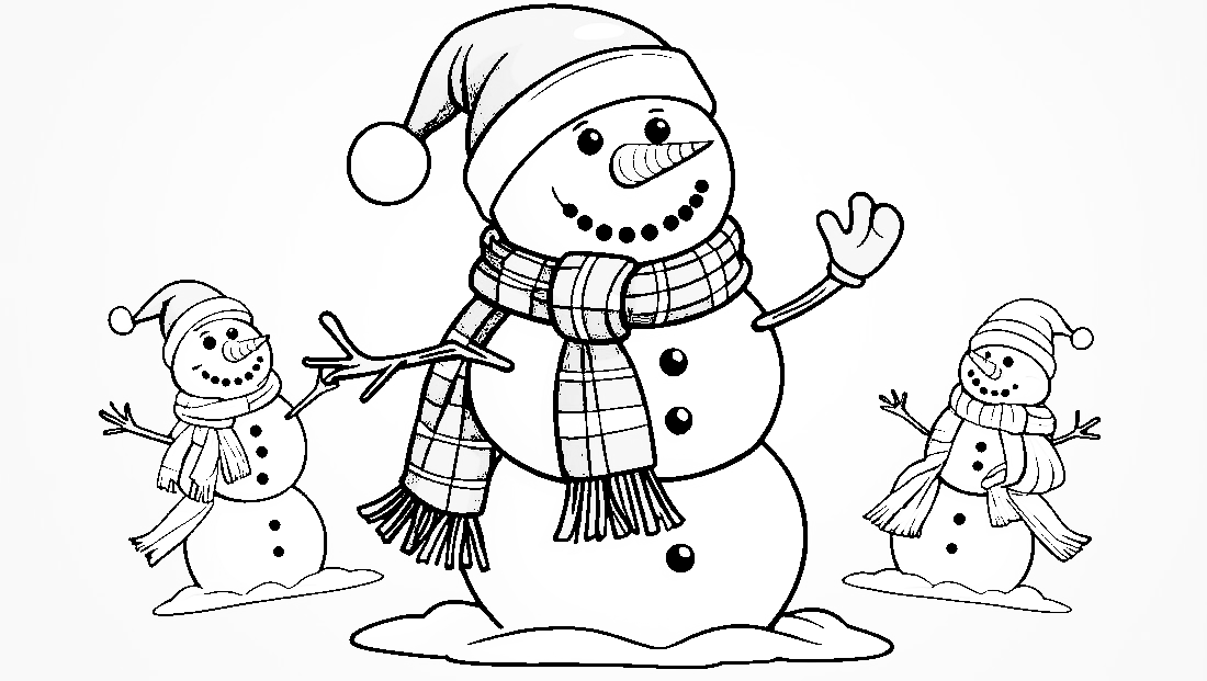 Free coloring page to print Snowman wearing a scarf and hat.