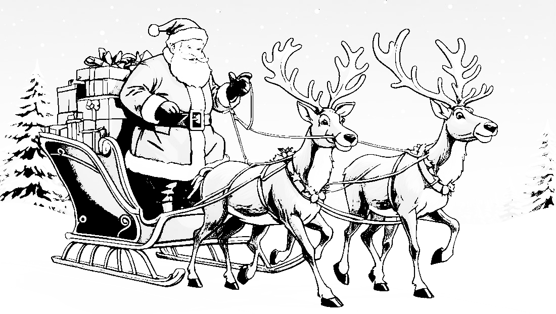 Free coloring page to print Reindeer pulling Santa’s sleigh.