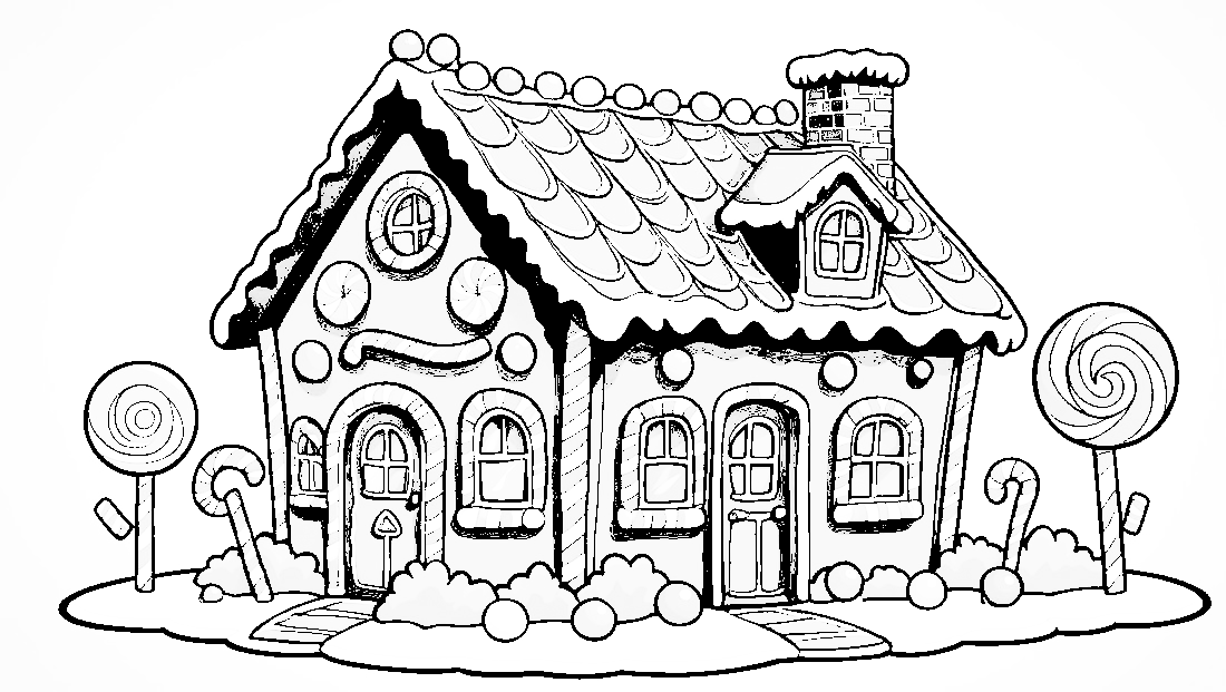 Free coloring page to print Gingerbread house with candy decorations.