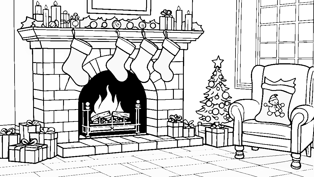 Free coloring page to print Christmas stockings hanging by the fireplace.