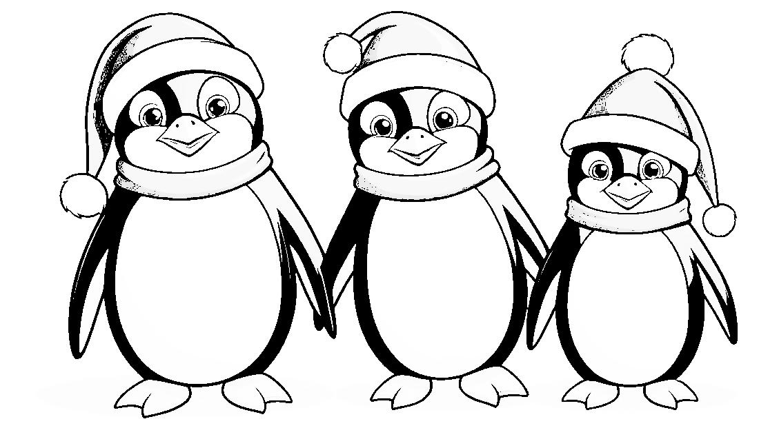 Free coloring page to print Cute penguins in Santa hats.