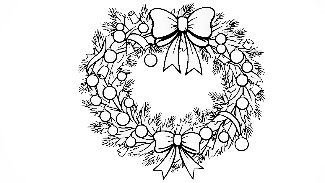 Free coloring page to print Christmas wreath with ribbons and bells.