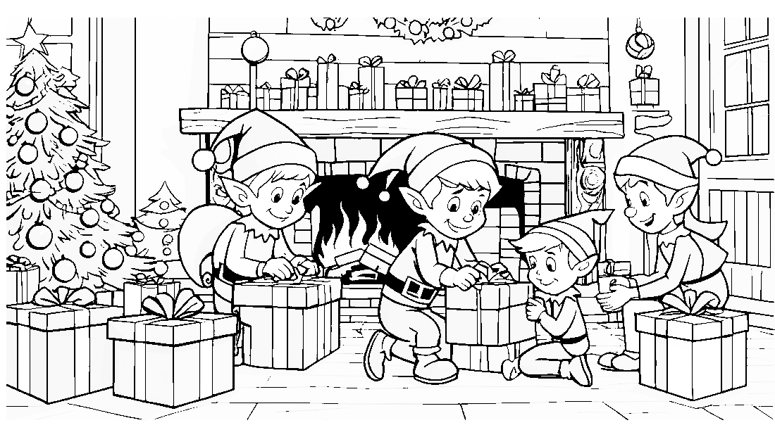 Free coloring page to print Elves wrapping presents at Santa’s workshop