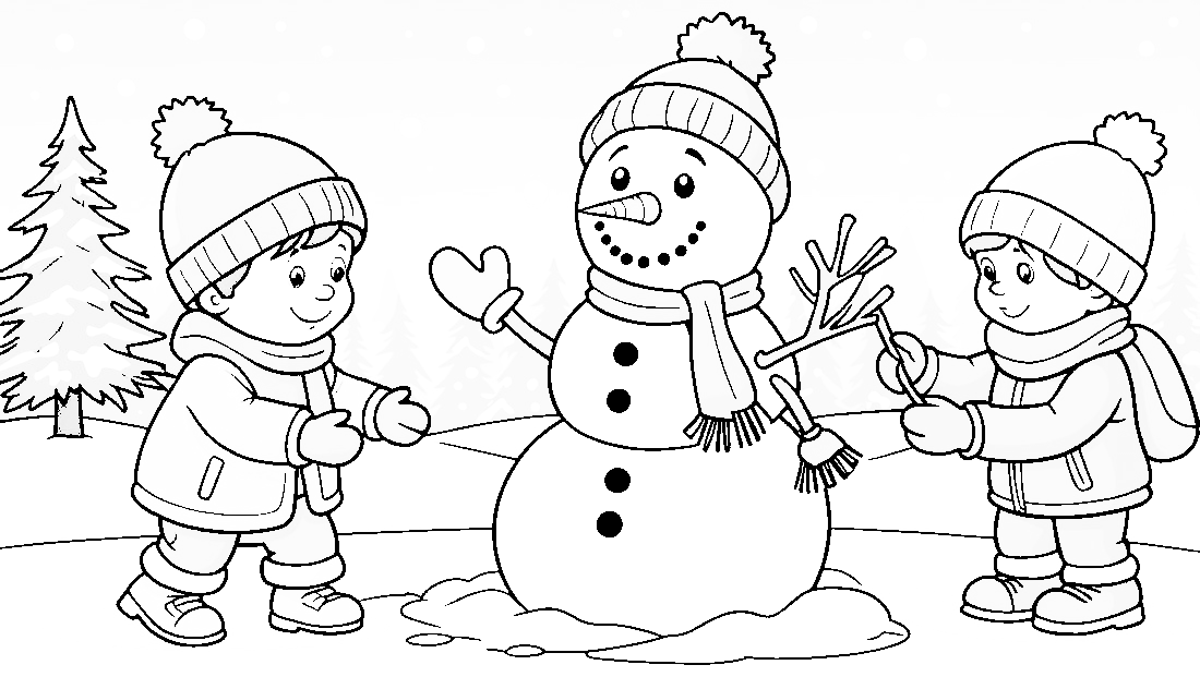 Free coloring page to print Children building a snowman with mittens.