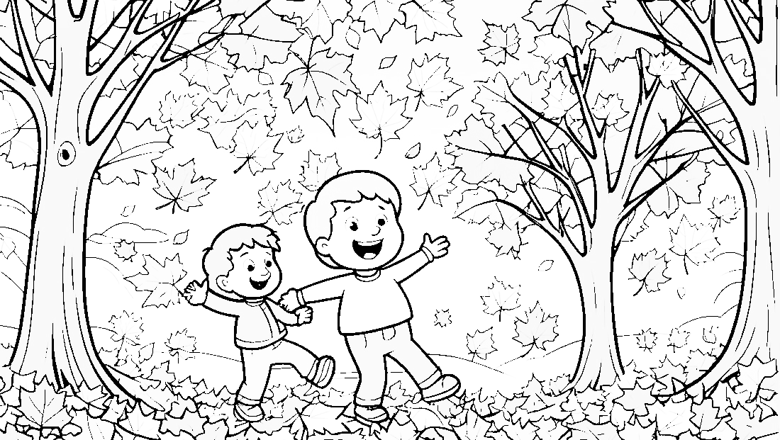 Free coloring page to print Autumn leaves falling from trees.