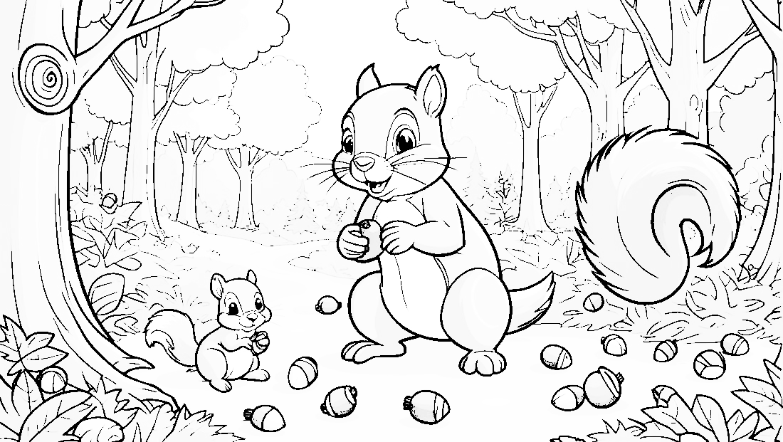 Free coloring page to print Squirrel gathering acorns in forest.