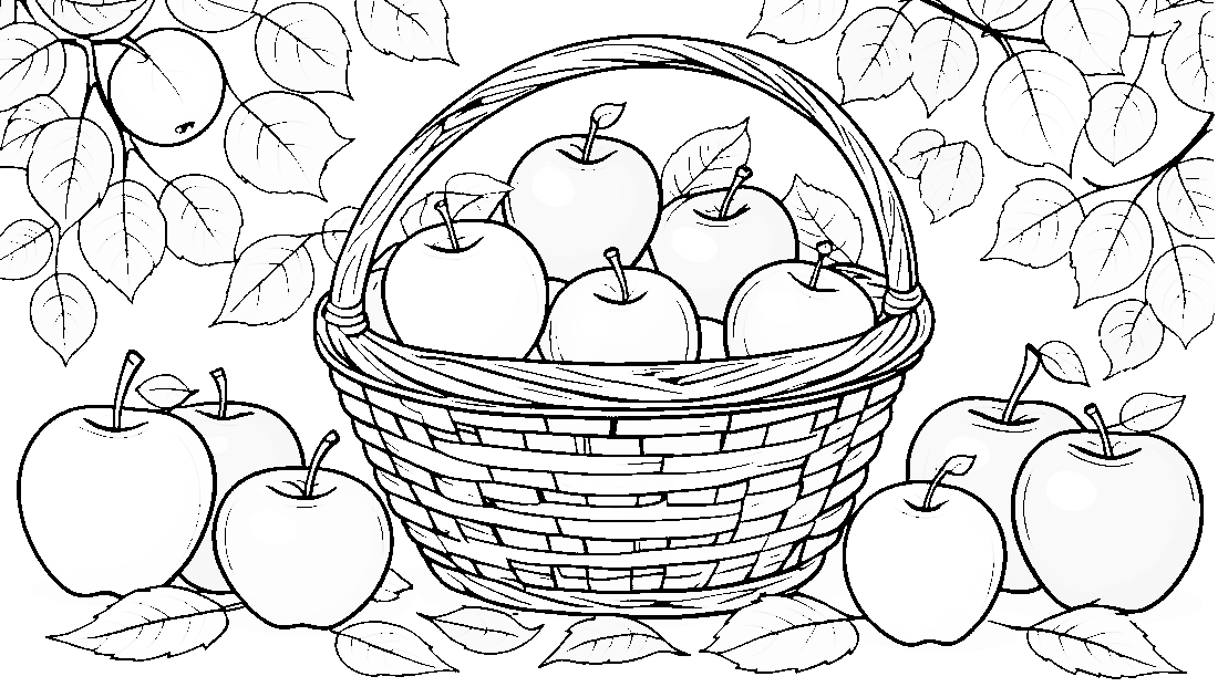 Free coloring page to print Basket of apples and autumn leaves.