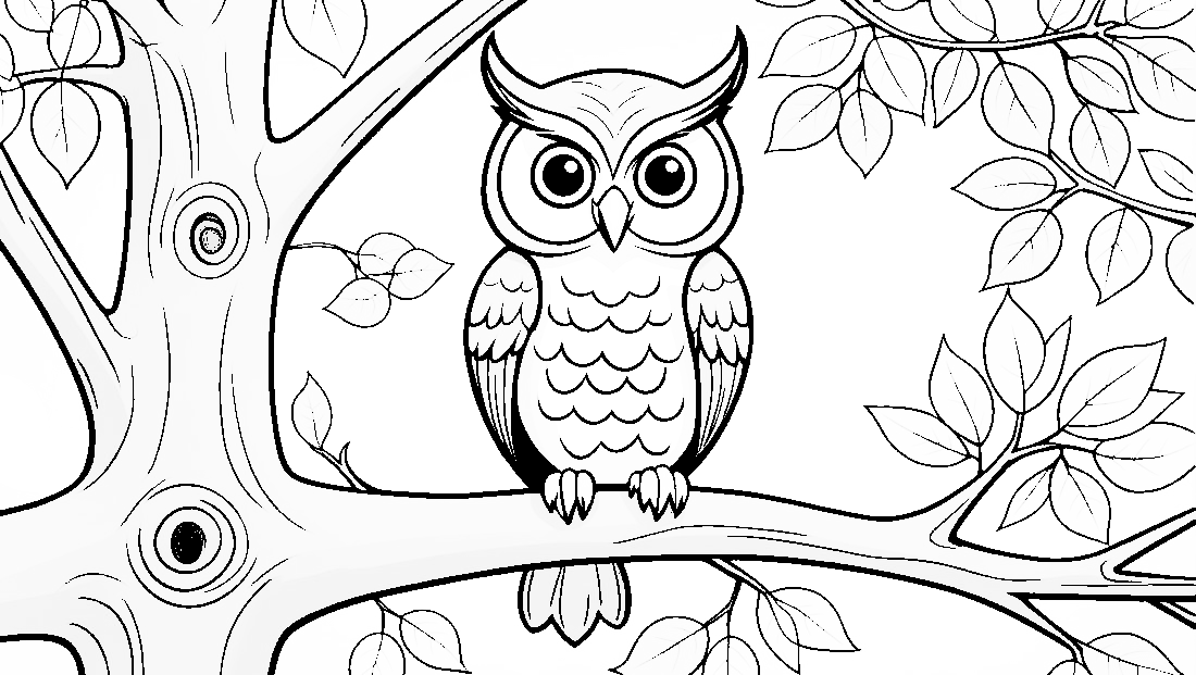 Free coloring page to print Owl sitting on a fall tree branch.