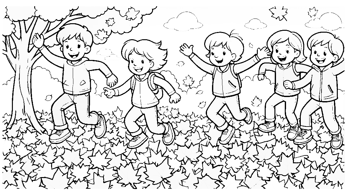 Free coloring page to print Kids jumping in leaf piles.