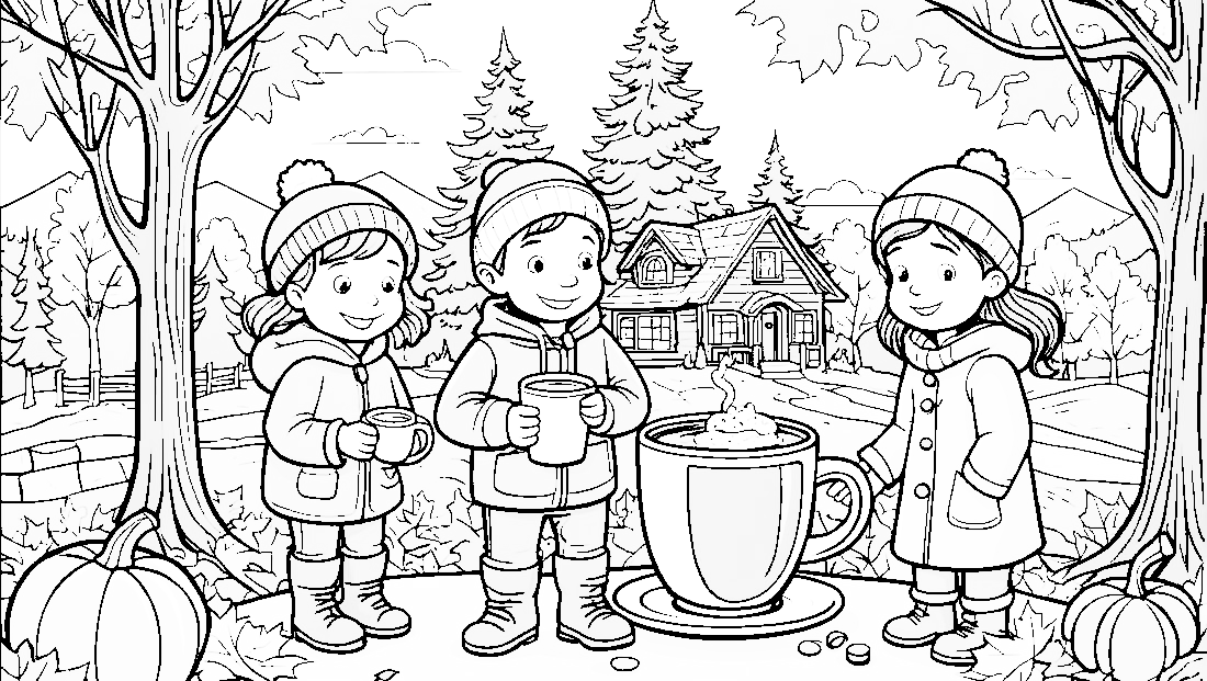 Free coloring page to print Cozy fall scene with hot cocoa.