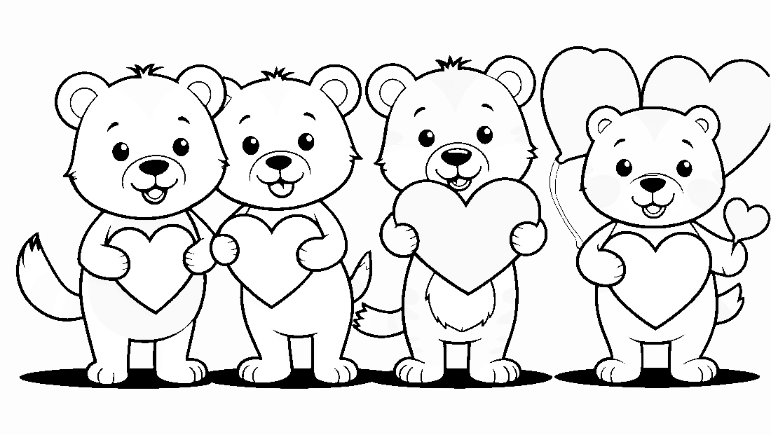 Free coloring page to print Cute animals holding heart-shaped cards.