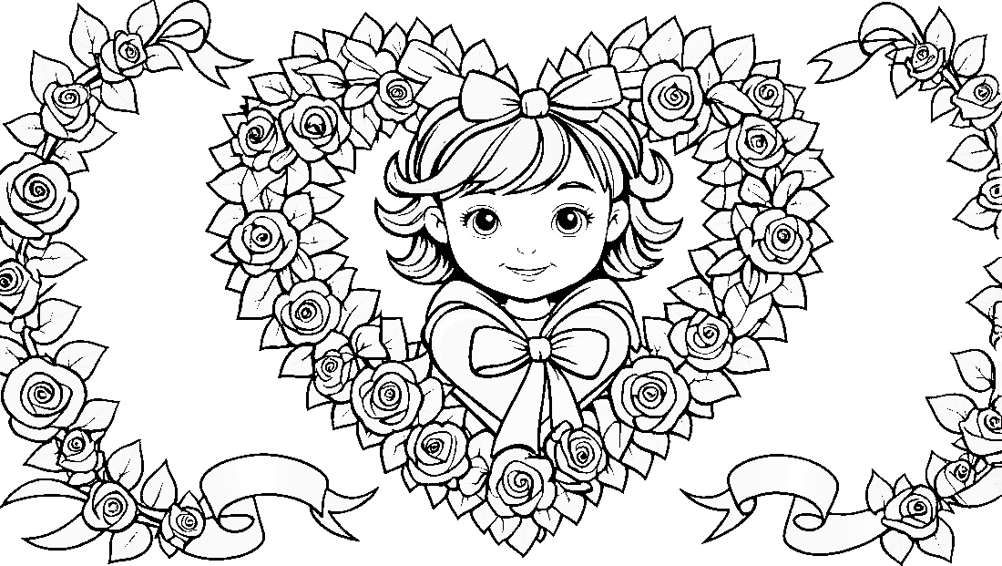 Free coloring page to print Heart wreath with ribbons and roses.