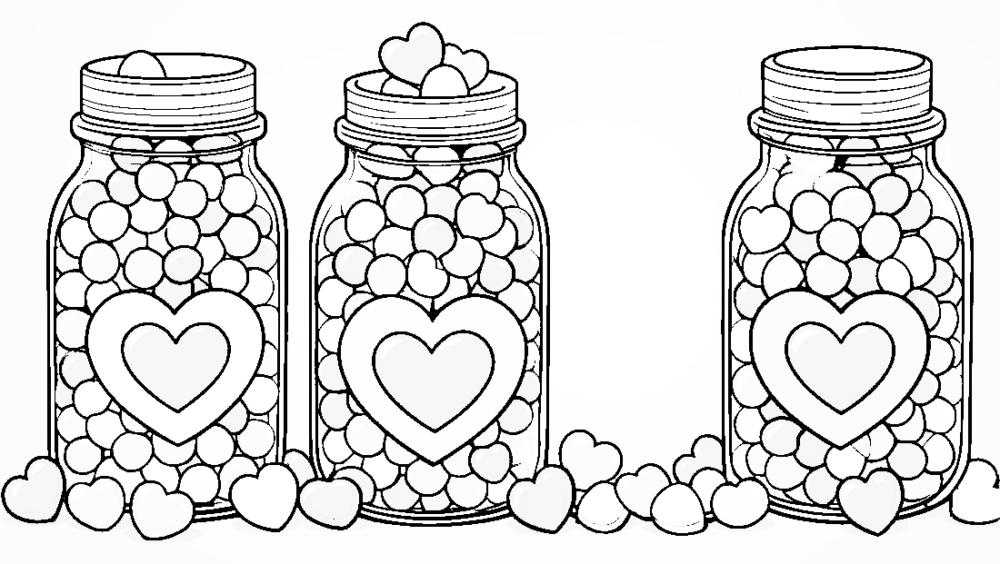 Free coloring page to print Jar filled with heart-shaped candies.