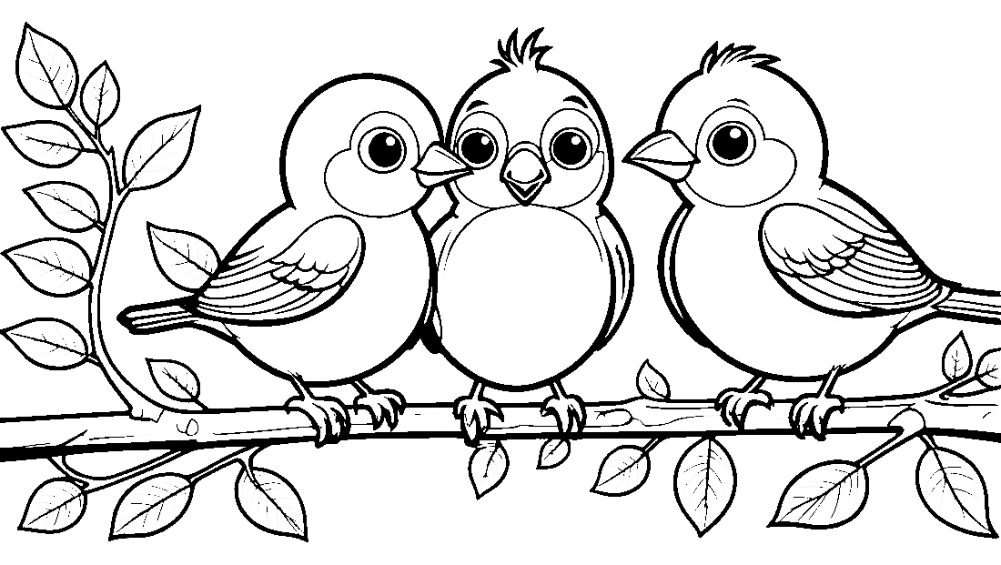 Free coloring page to print Two birds sitting on a heart branch.