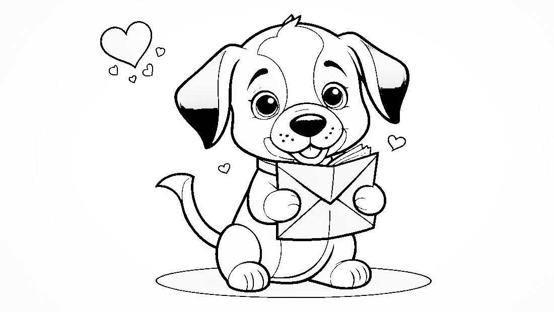 Free coloring page to print Puppy holding a love letter.