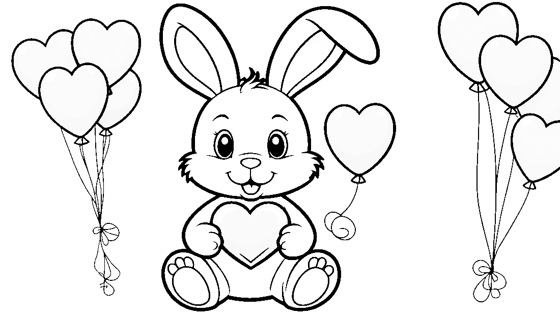 Free coloring page to print Bunny with heart-shaped balloons.