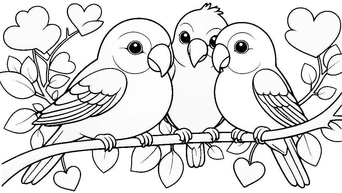 Free coloring page to print Lovebirds perched on a heart branch.