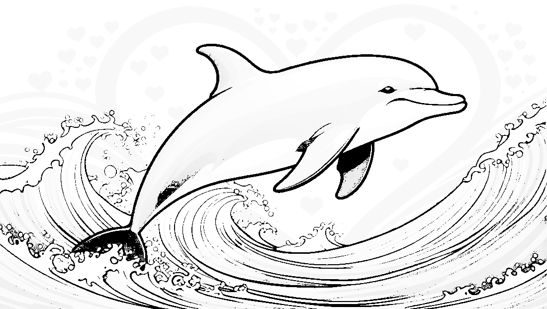 Free coloring page to print Dolphin jumping through heart-shaped waves.