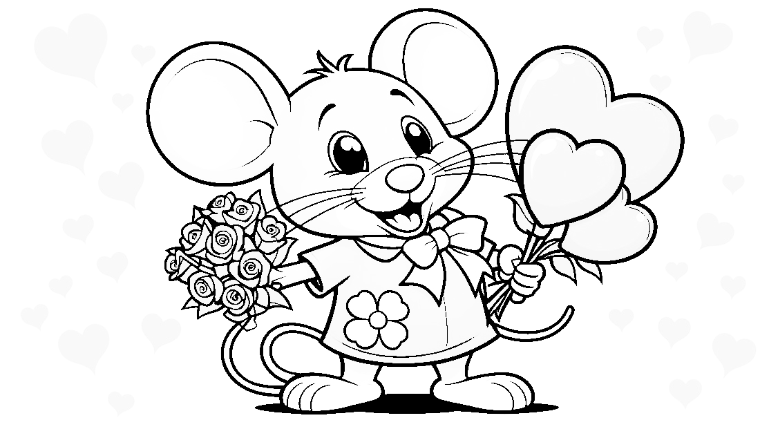 Free coloring page to print Mouse with a bouquet of hearts.