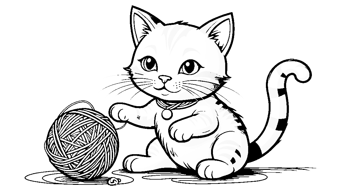 Free coloring page to print Cat playing with a ball of yarn.