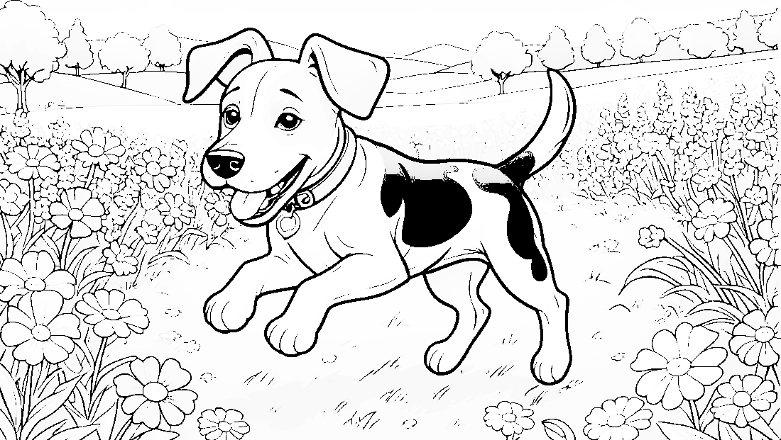 Free coloring page to print Dog running in a field of flowers.