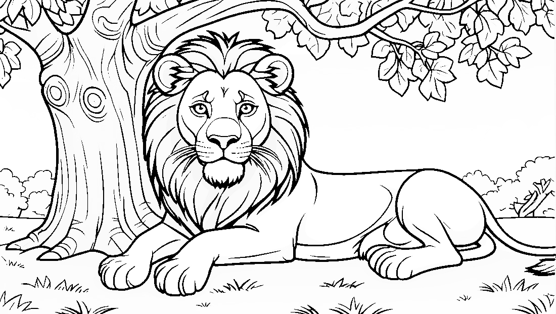 Free coloring page to print Lion resting under a shady tree.