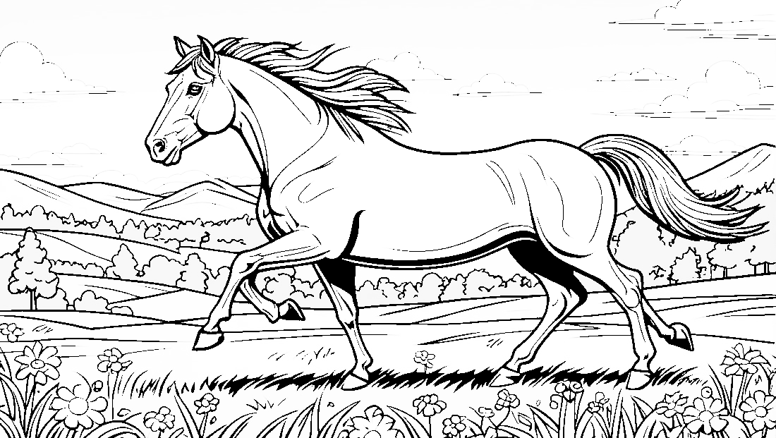 Free coloring page to print Horse galloping through a meadow