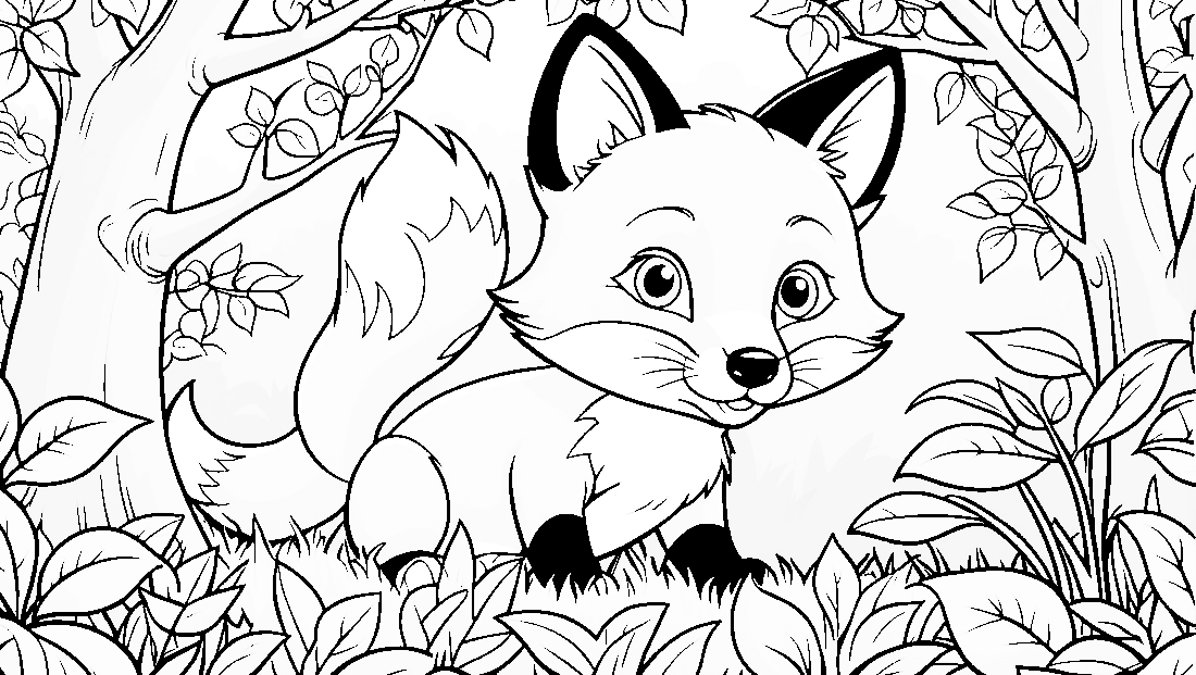 Free coloring page to print Fox peeking out from behind a bush.