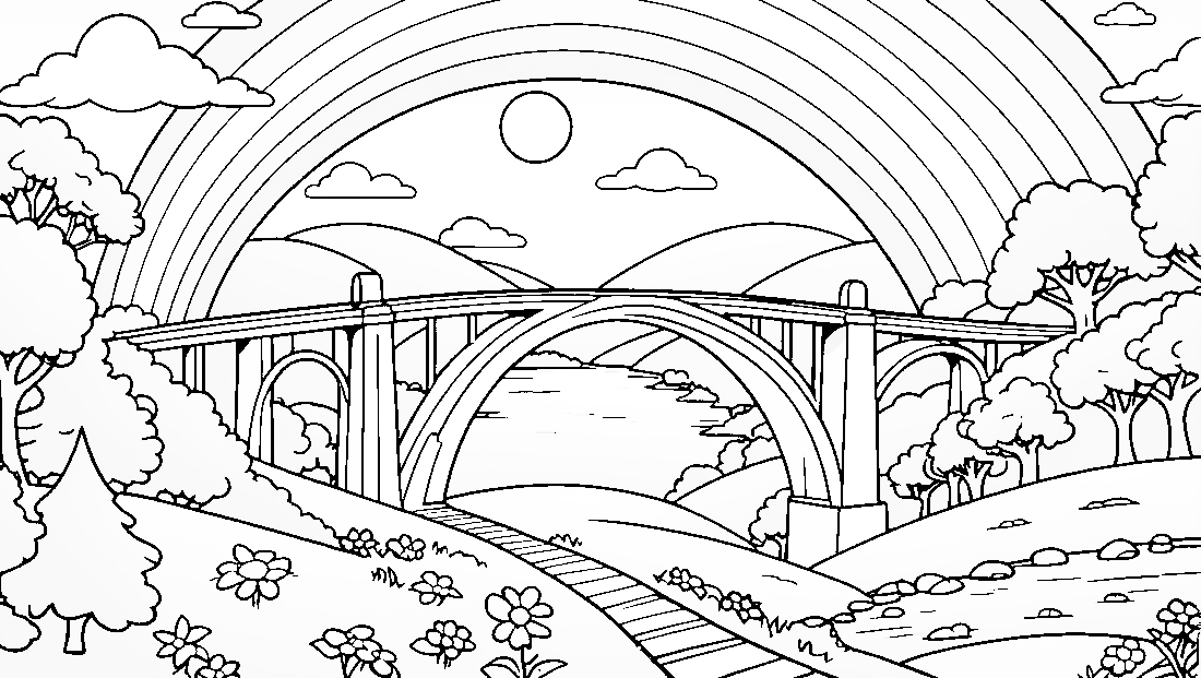 Free coloring page to print Rainbow bridge connecting two