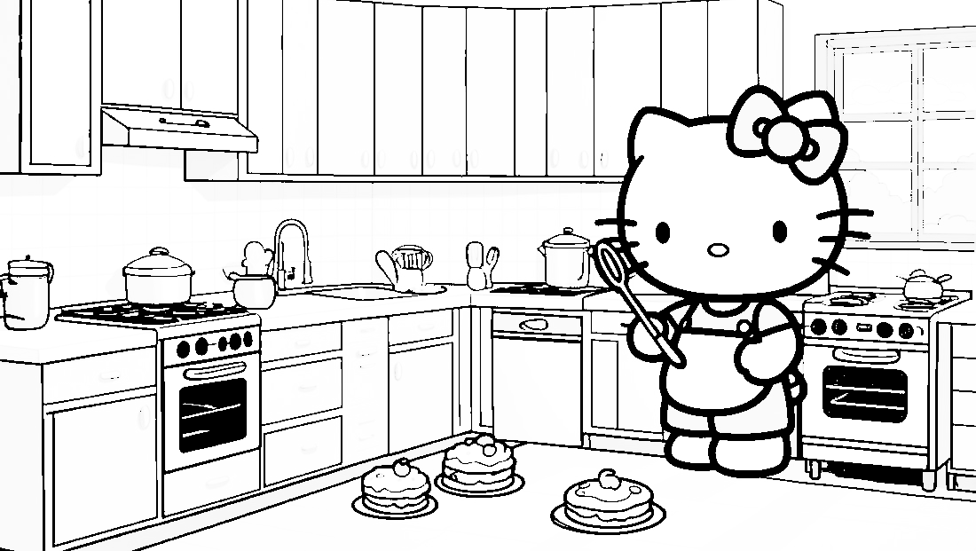 Free coloring page to print Hello Kitty baking cookies