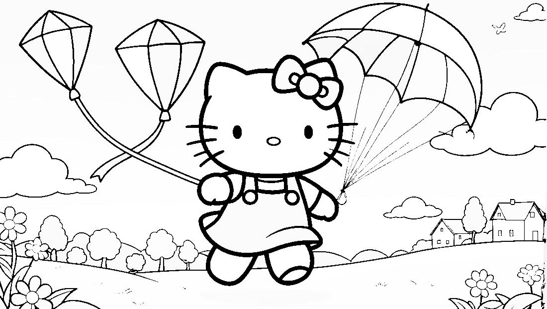 Free coloring page to print Hello Kitty flying a