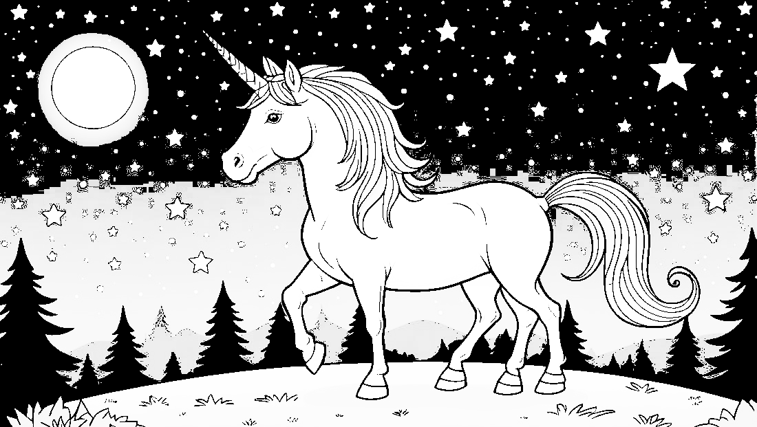 Free coloring page to print Unicorn standing under a