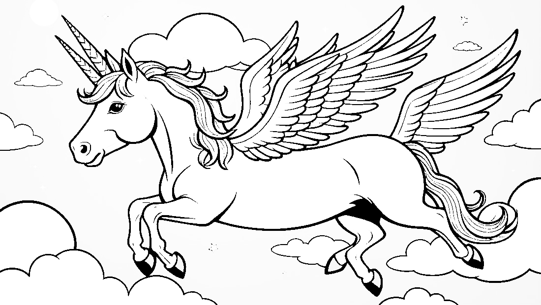 Free coloring page to print Unicorn flying with wings