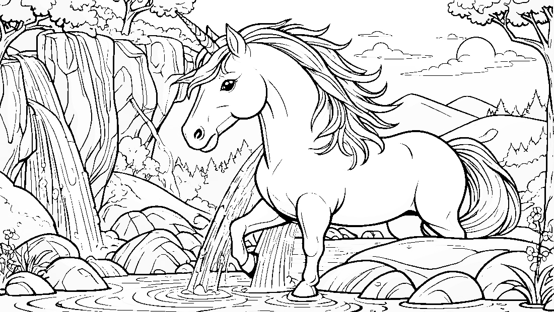 Free coloring page to print Unicorn drinking from a