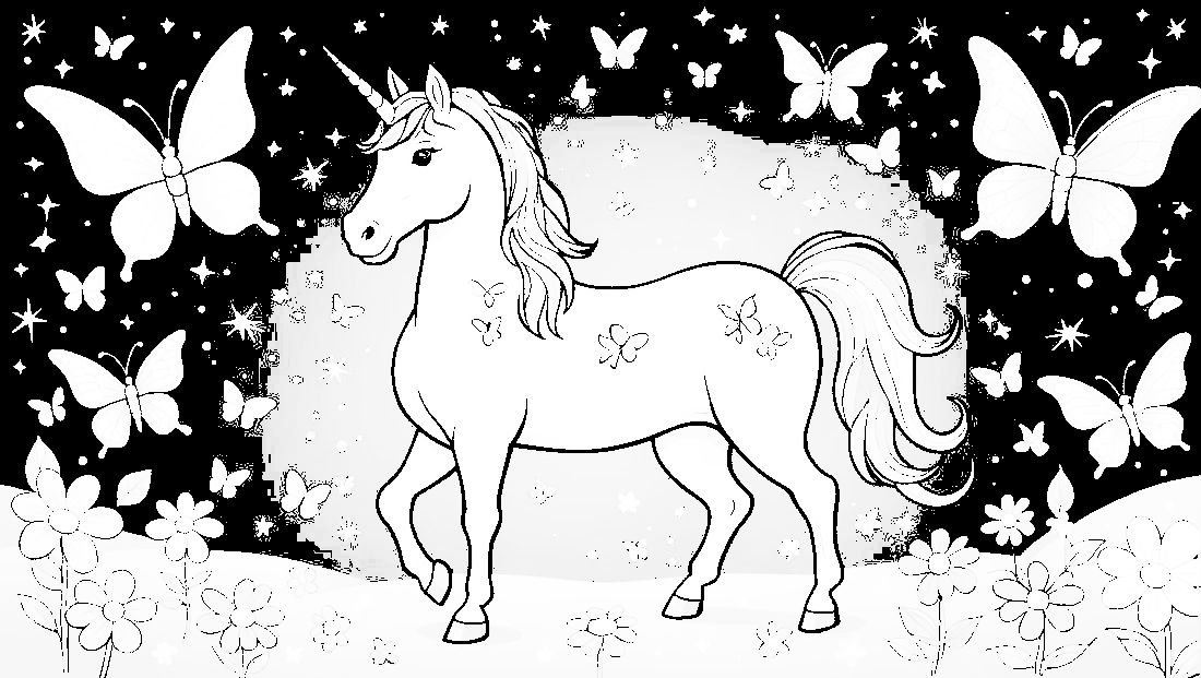 Free coloring page to print Unicorn surrounded by butterflies