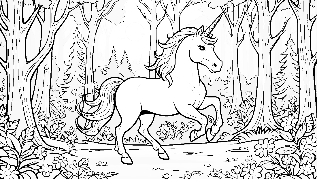 Free coloring page to print Unicorn prancing through a