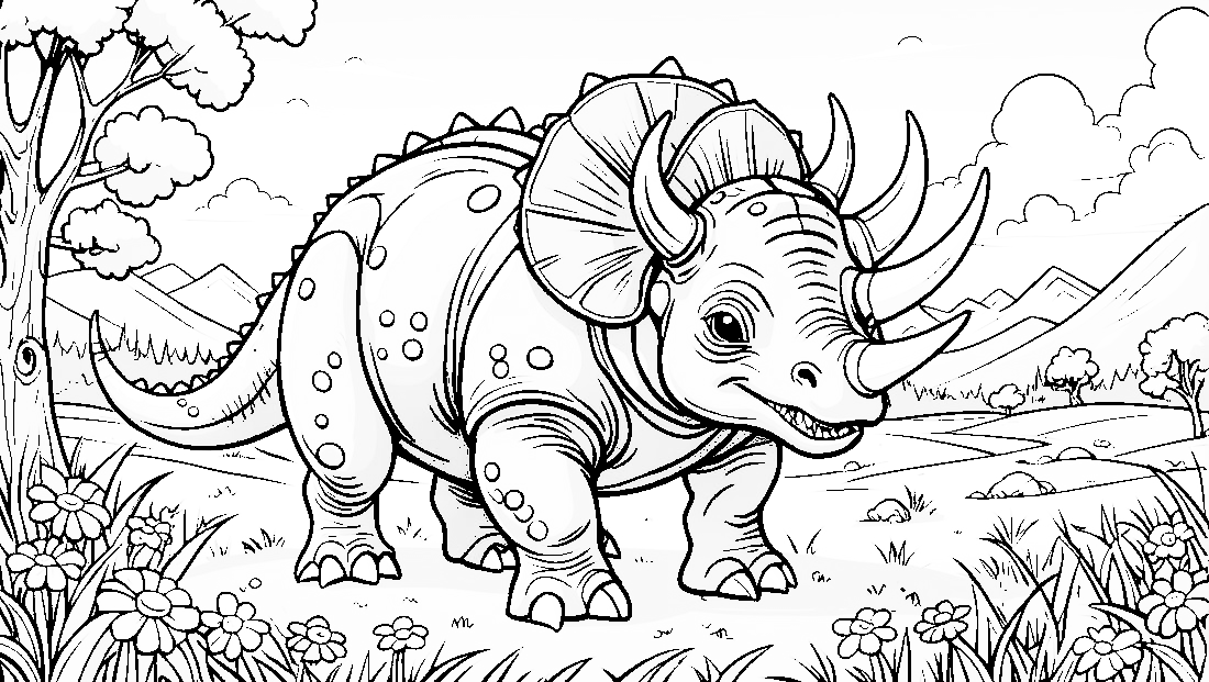 Free coloring page to print Friendly Triceratops playing in