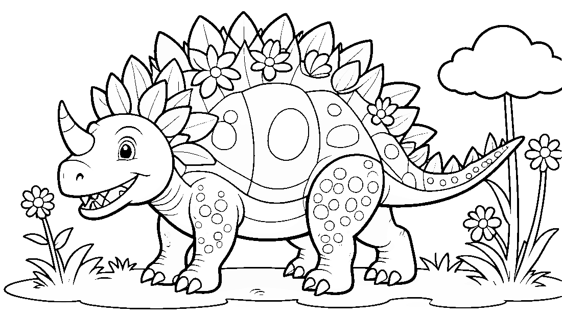 Free coloring page to print Happy Stegosaurus with flowers