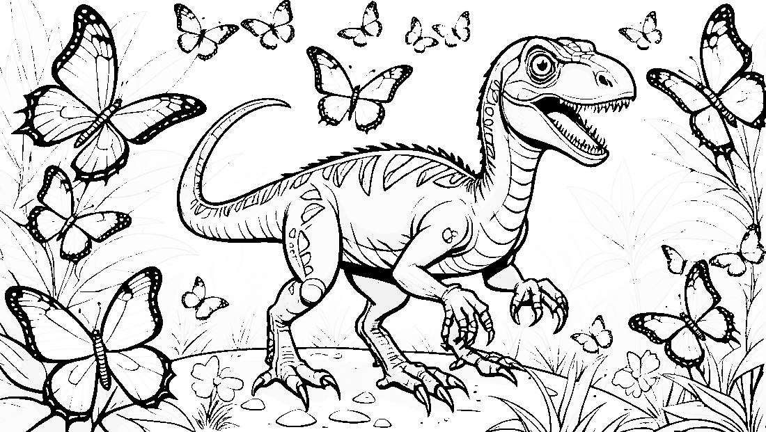 Free coloring page to print Velociraptor playing with butterflies.