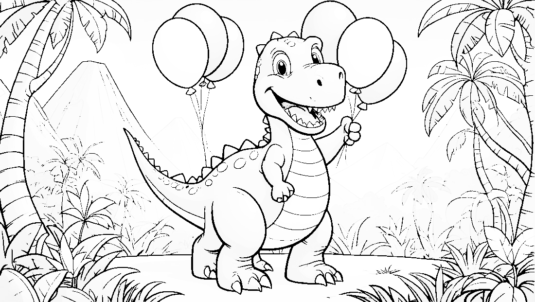 Free coloring page to print Cheerful dinosaur holding balloons