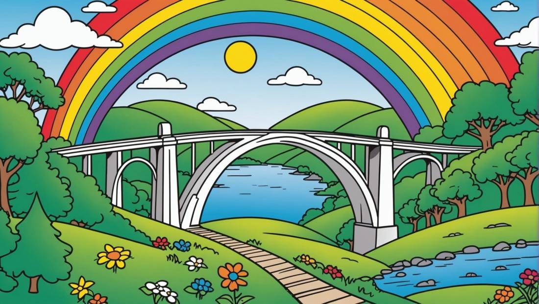 Free coloring page to print Rainbow bridge connecting two