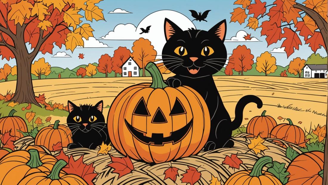 Free coloring page to print A halloween pumpkin and black cat