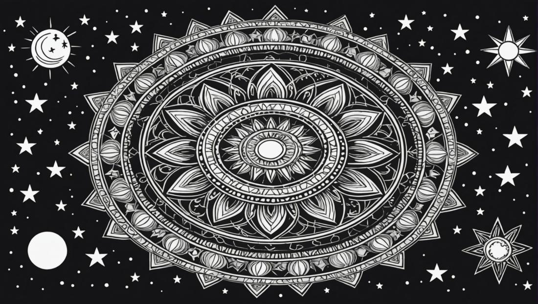 Free coloring page to print Mandala with stars, moons,